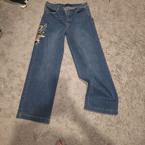 Ed Hardy Blue Wide Leg Jeans with Multicolor Eagle Embroidery